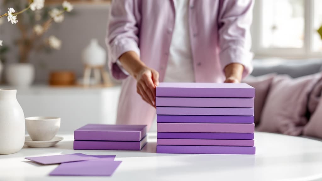 Close-up of purple book spines showing shade variation from lavender to deep violet