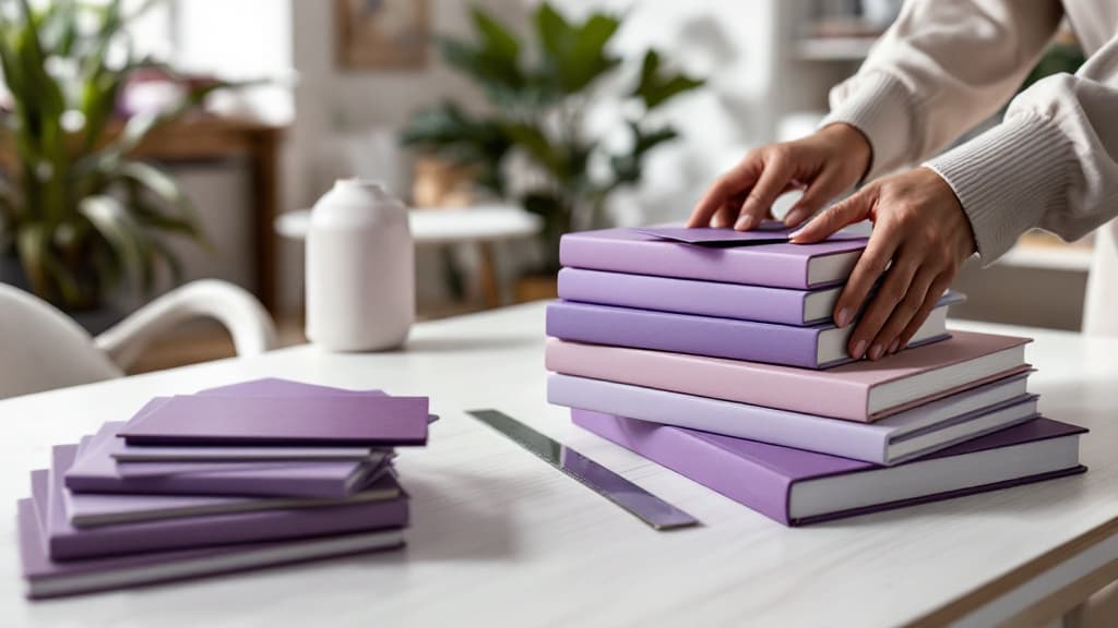 Styled interior with a curated purple book arrangement on a modern shelf